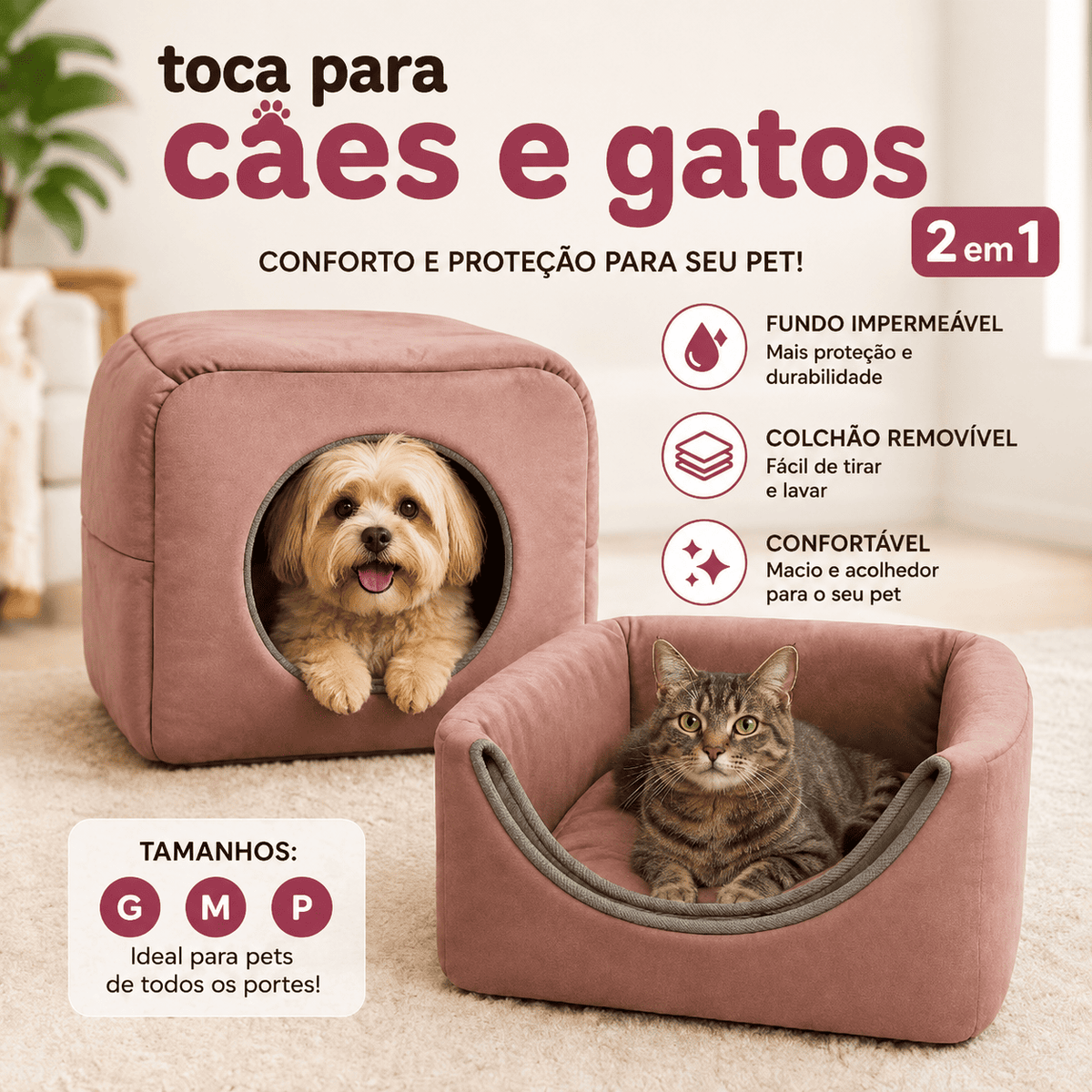 Casinha toca para cães e gatos 2 em 1